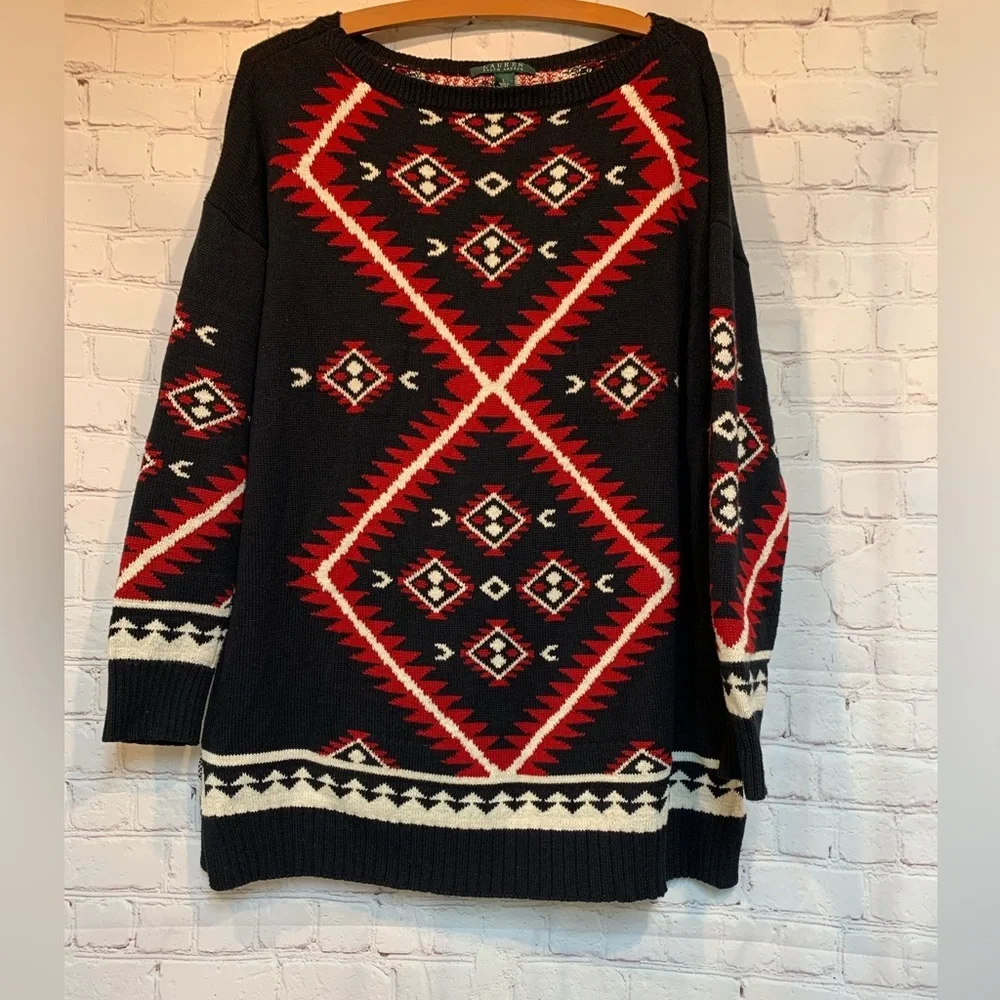 Lauren Ralph Lauren Black Red Tribal Sweater Size L​